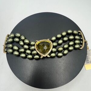 Monet Three-strand Green Faux Pearl Lg Rhinestone Gold Tone Toggle‎ Bracelet New